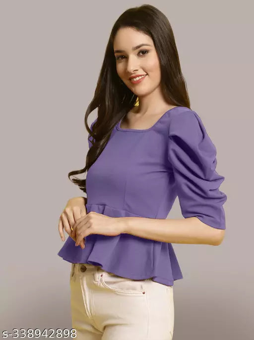 Women Square Neck Puff Sleeves Peplum Top (Women Top | Women Tops | Top)