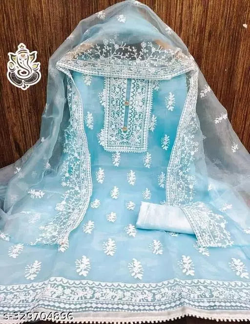 Jivika Graceful Salwar Suits & Dress Materials Exclusive Fancy Women's Designer Chainstich Embroidered Multiwork Double Sequence Aqua Blue Floral Embroidered Organza Suits & Dress Materials