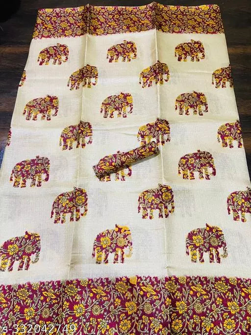 ELEPHANT PRINTED KHADI SILK BLENDED LIGHT WEIGHT COMFERTABLE WEAR SAREE WITH BLOUSE
