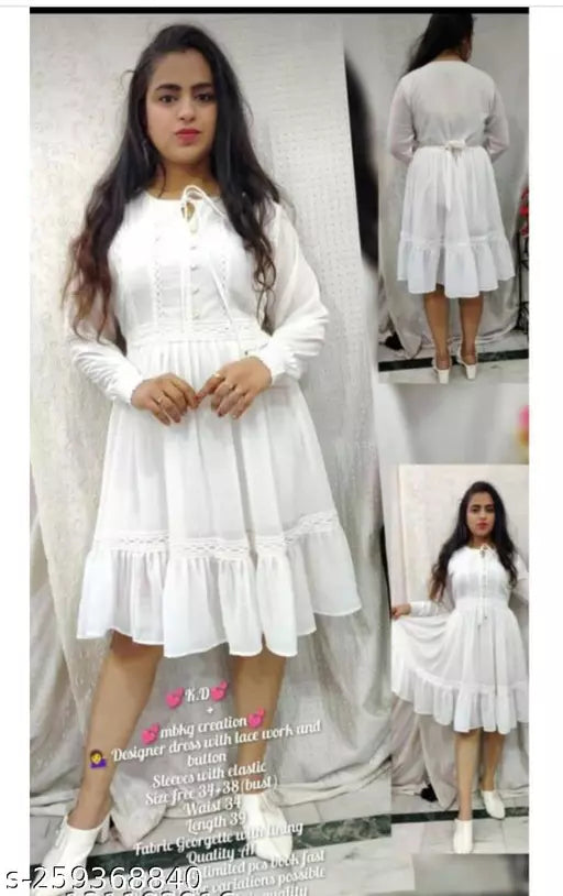 Georgette Embroidery Girls Womens Dress with Lace Midi Dress
