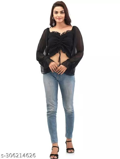 Chic Women's Crop Top: Black Adjustable Fit Smocked Design