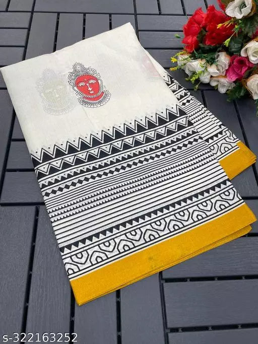 LIGHT WEIGHT KATHAKALLI DESIGNER BEST PRICE ( COTTON BLEND -ART SILK MIX MATERIAL) SKIN FRIENDLY SAREE WITH UNSTICHED BLOUSE