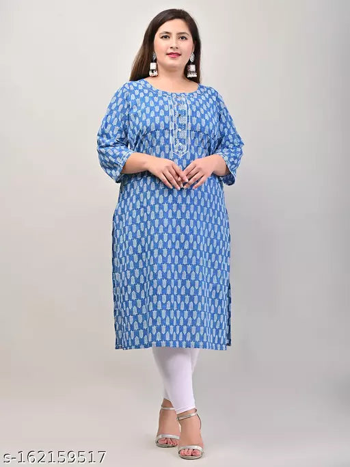 Swasti Women Plus Size Printed Cotton Straight Kurta (Blue)