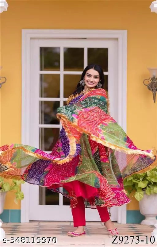 Printed Flower Women Georgette Anarkali Gown With Dupatta