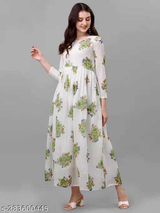 QVAZOR Stylish Fancy Trendy Printed Georgette Gown For Women For Party Wedding Festival Functions