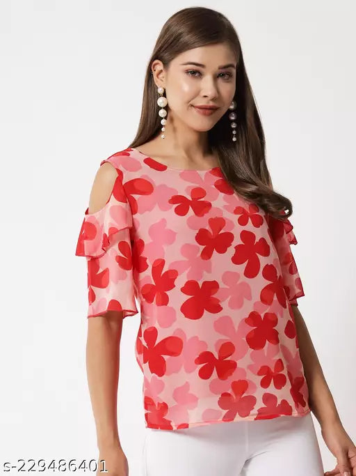 Vivient Women Pink Floral Printed Cold Shoulder Top
