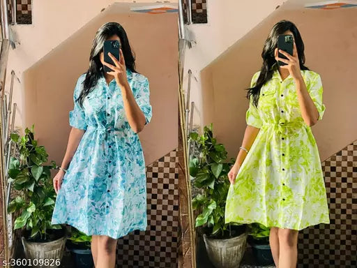 JKP COLLECTION Women's & Girls's Stylish Rayon Collared Shirt Flared Mini Dress with Waist Belt Pack Of 2 Neon Mint Green