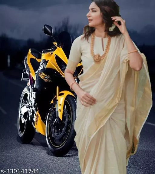 KERALA KASAVUE PURE COTTON COLOR CREAM / BEIGE REAL HAND WOOVEN WITH UNSTICHED BLOUSE ZARI COLOR IS GOLD ZARI SIZE IS 2 BY 3