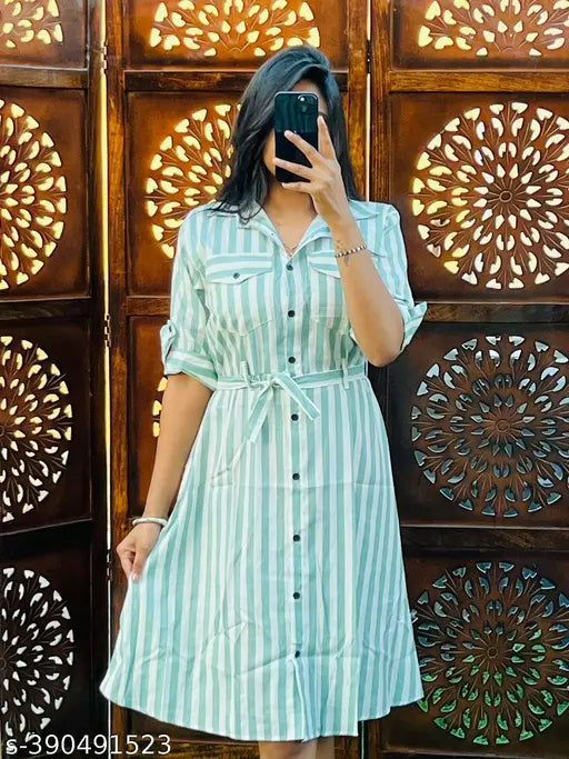 JKP COLLECTION Women & Girl Casual Fabric Cotton Rayon Pattern Checked A Line Shirt Type Dress In Color Mint Green
