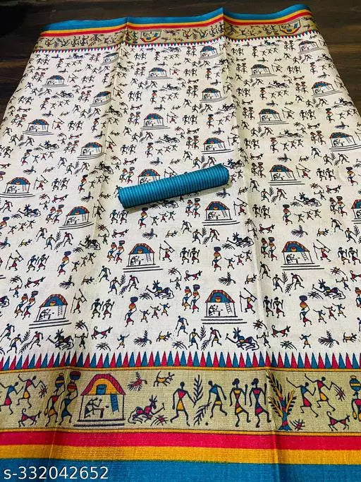 WARLI PRINTED KHADI SILK BLENDED LIGHT WEIGHT COMFERTABLE WEAR DESIGNER SAREE WITH BLOUSE
