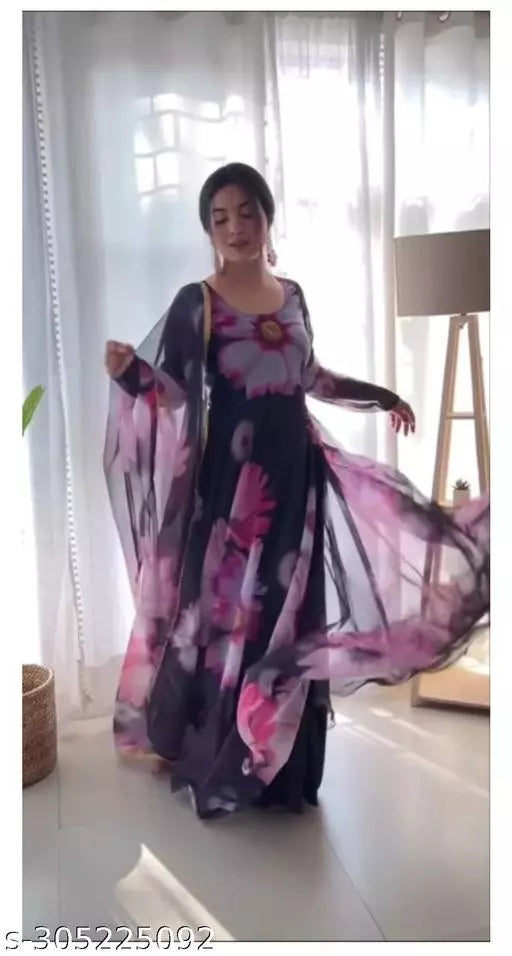 QVAZOR Stylish Fancy Trendy Printed Georgette Gown For Women For Party Wedding Festival Functions