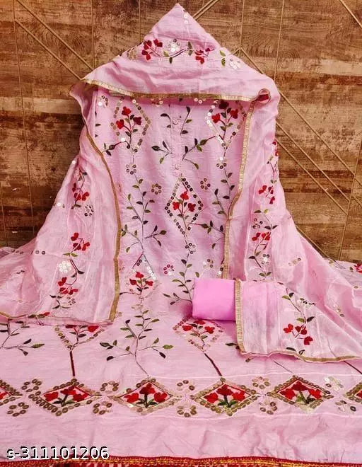 Explore new Womens Hit Designs Pink Fancy Chanderi Cotton Unstiched Suits Multi Work Sequence Embroidered Salwar suits & Dress Materials