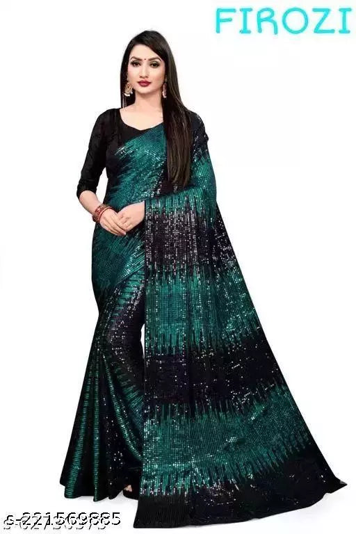 SHINE SUPER HIT TEAL DESIGNER SEQUANCE Georgette SAREES BY KRADDLE