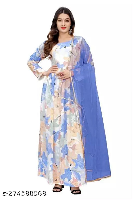 QVAZOR Stylish Fancy Trendy Printed Georgette Gown For Women For Party Wedding Festival Functions