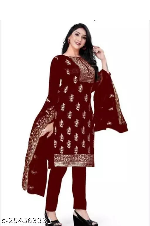 WOMEN'S FLORAL RED COLOUR NEW ARRIVAL ORGANZA SUIT WITH EMBROIDERED DOUBLE MULTI WORK DRESS MATERIAL SUIT