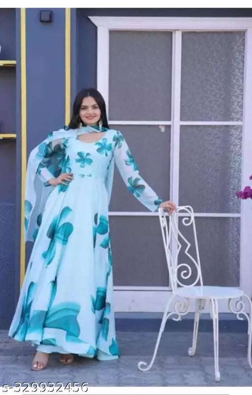QVAZOR Stylish Fancy Trendy Printed Georgette Gown For Women For Party Wedding Festival Functions