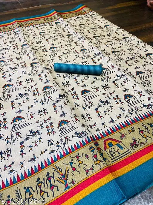 WARLI PRINTED KHADI SILK BLENDED LIGHT WEIGHT COMFERTABLE WEAR DESIGNER SAREE WITH BLOUSE