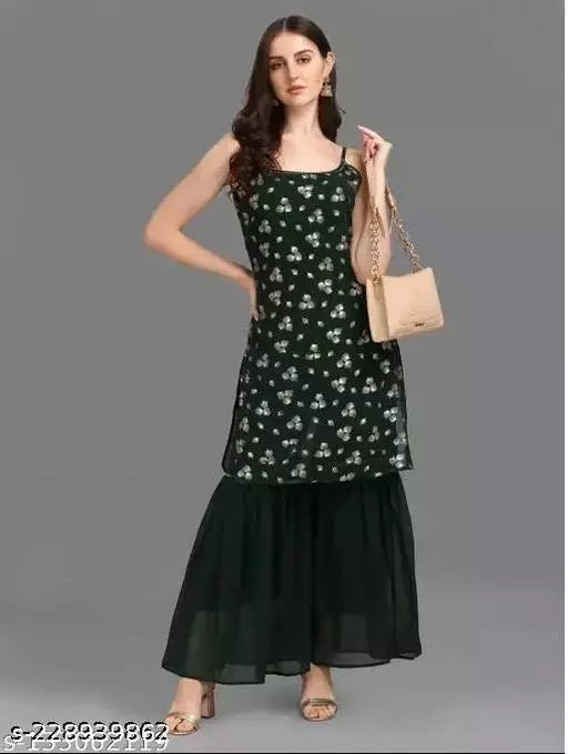 Women Faux Georgette With Foil Work Sleevless Kurta And Sharara