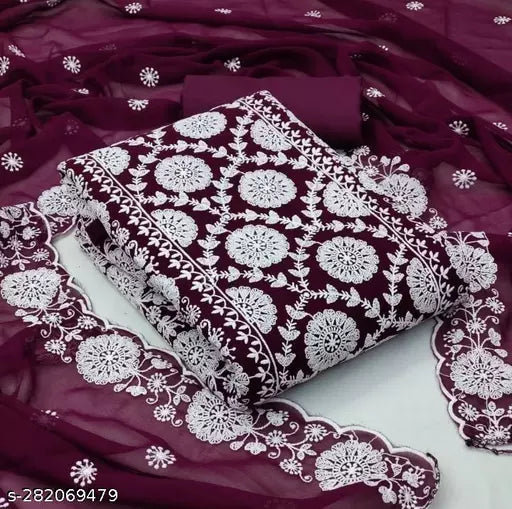 New Fancy Embroidered Double Layer Thread work Unstiched Salwar Suits & dress Materials Purple Colour