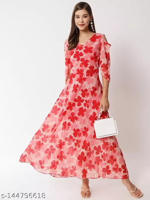 Vivient Woman Pink Floral Prined Off Shoulder Long Gowns
