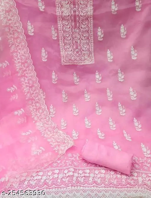 WOMEN'S FLORAL PINK COLOUR NEW ARRIVAL ORGANZA SUIT WITH EMBROIDERED DOUBLE MULTI WORK DRESS MATERIAL SUIT