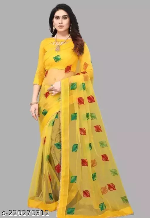 New Trending Fancy Net Saree Keri Design Yellow
