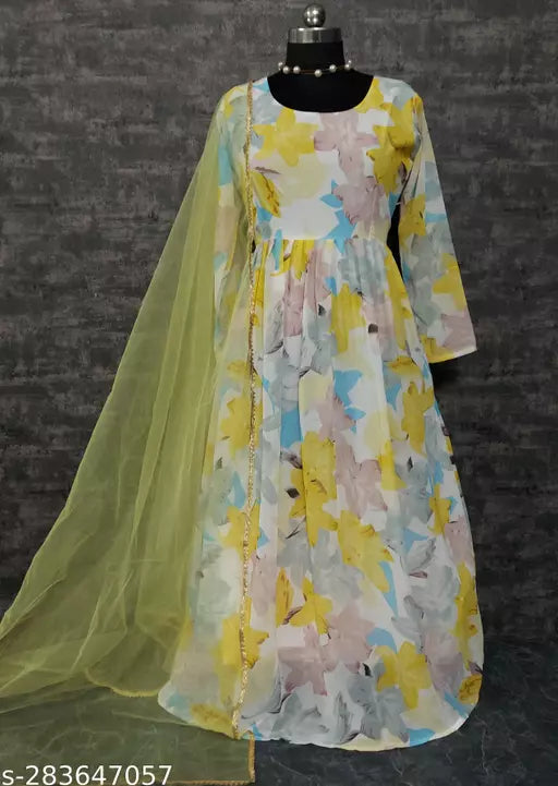 QVAZOR Stylish Fancy Trendy Printed Georgette Gown For Women For Party Wedding Festival Functions