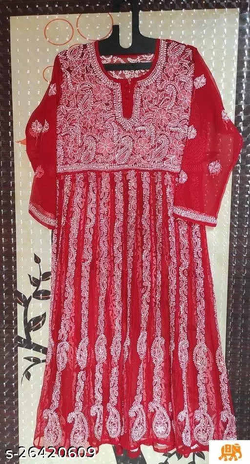 Handwork Embroidered Chikankari Chiffon Anarkali kurti