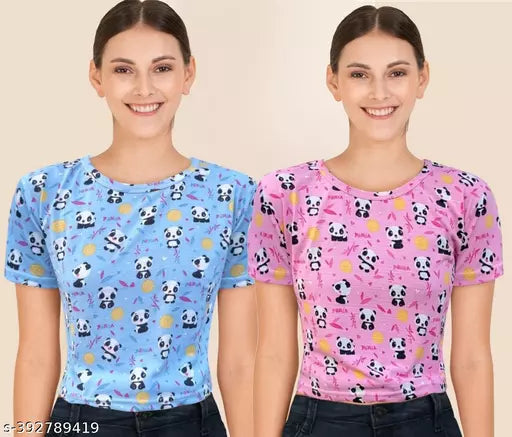 Trendy Feminine Printed Crop Tshirt Round Neck Top For Womens (Pack Of 2)