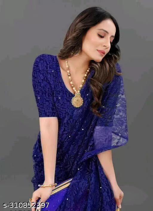 Belt Style Net Royal Blue Ready To Wear Sarees With Unstich Blouse
