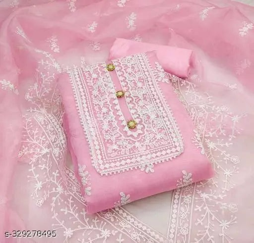 Women's Pink Floral Embroidered Organza Suits & Dress Materials