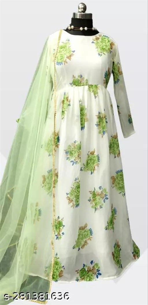 QVAZOR Stylish Fancy Trendy Printed Georgette Gown For Women For Party Wedding Festival Functions