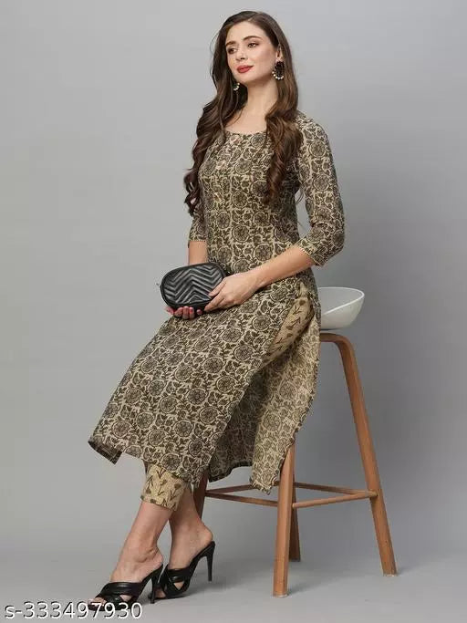 Anni Designer Women's Beige Cotton Blend Printed Straight Kurta With Trousers
