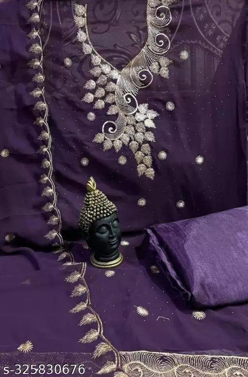 Womens Beautifull Unstiched Heavy Mirror Zari Embroidered Fancy Georgette Lovely Work Suits & Dress Materials