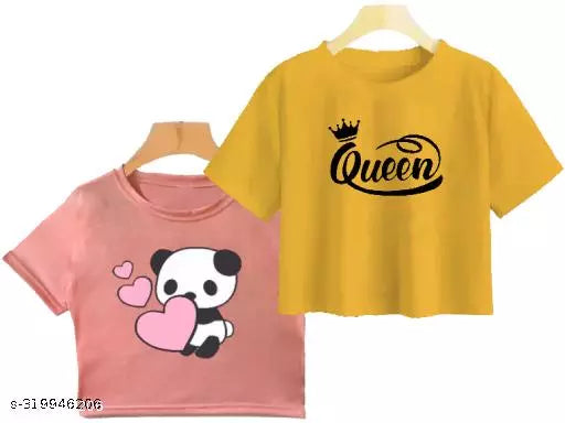 Trendy Feminine Printed Crop Tshirt Round Neck Top For Womens (Combo2)