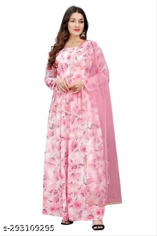 QVAZOR Stylish Fancy Trendy Printed Georgette Gown For Women For Party Wedding Festival Functions
