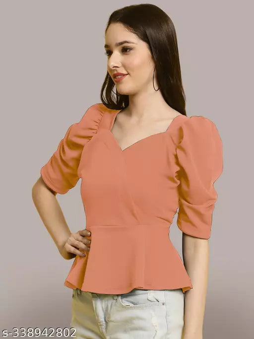 Sweetheart Neck Puff Sleeves Peplum Top (Women Top | Women Tops | Top)