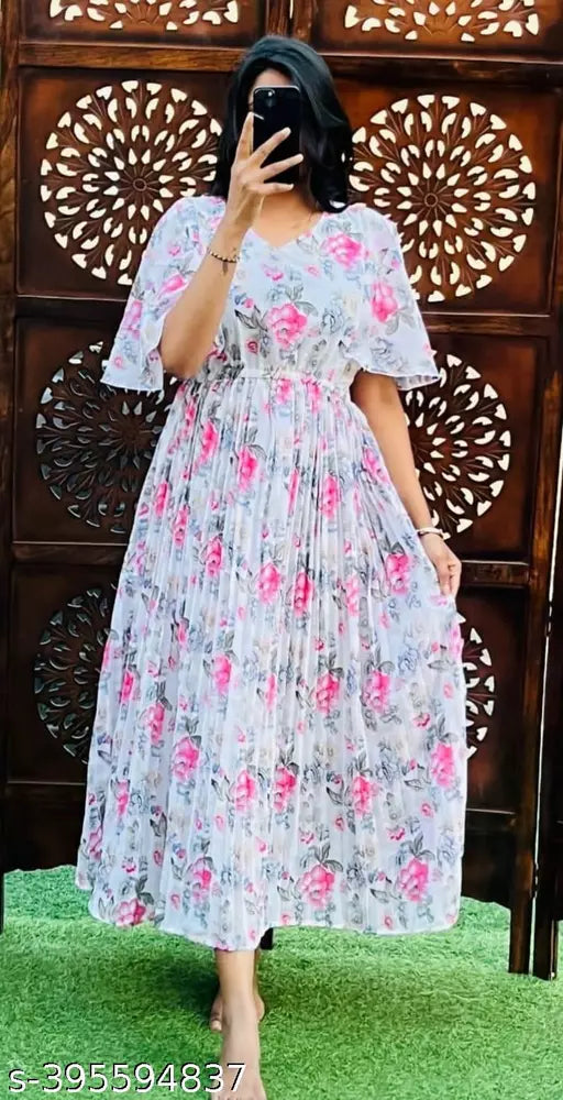 STYLISH GEARGETTE FABRIC LONG PLATTING DRESSS
