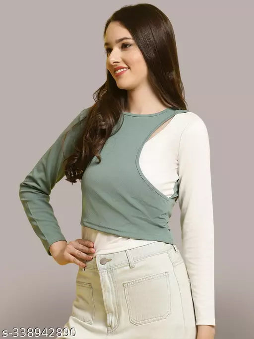 Casual Regular Sleeves Color Block Women Mint Green White Top (Women Top | Women Tops | Top)