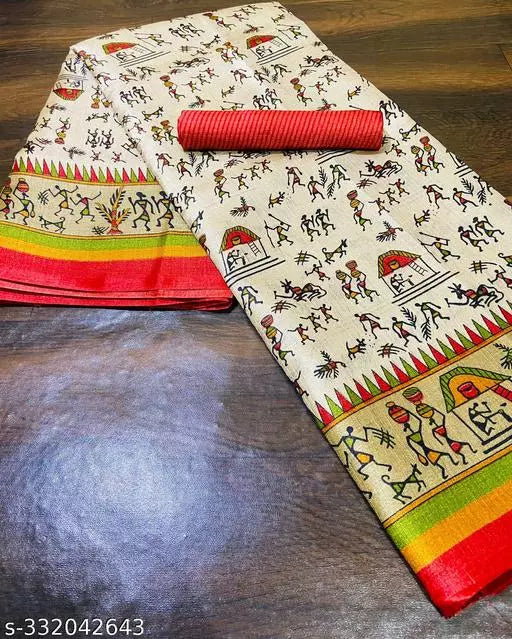 WARLI PRINTED KHADI SILK BLENDED LIGHT WEIGHT COMFERTABLE WEAR DESIGNER SAREE WITH BLOUSE