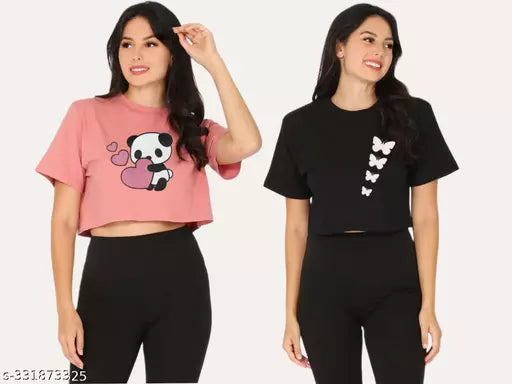 Trendy Feminine Printed Crop Tshirt Round Neck Top For Womens(Pack Of 2)