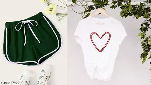 Vivient Women Green Shorts and White Heart Printed T-Shirt Combo