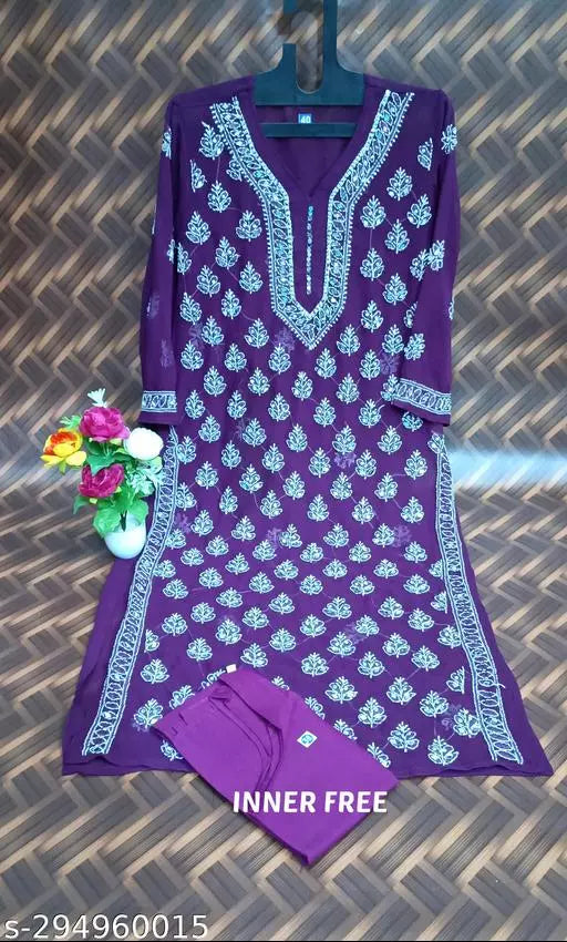 Mirror work Booty Jaal Chikankari Handwork Kurti with Inner.