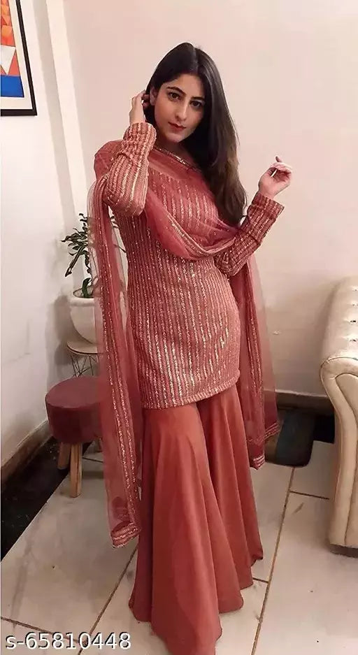 Women's Rust Stripe Striped Georgette Suits & Dress Materials