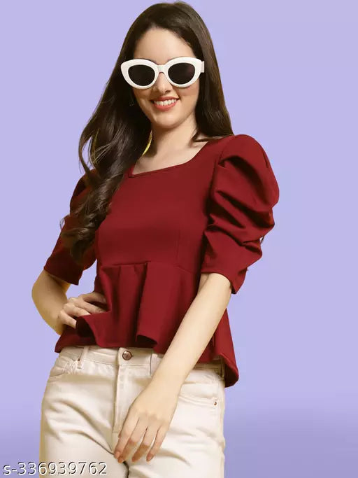 Women Square Neck Puff Sleeves Peplum Top (Women Top | Women Tops | Top)