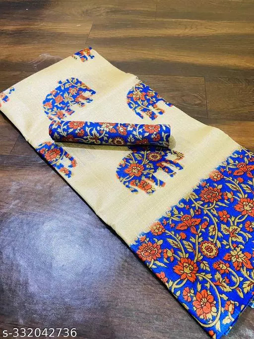 ELEPHANT PRINTED KHADI SILK BLENDED LIGHT WEIGHT COMFERTABLE WEAR SAREE WITH BLOUSE