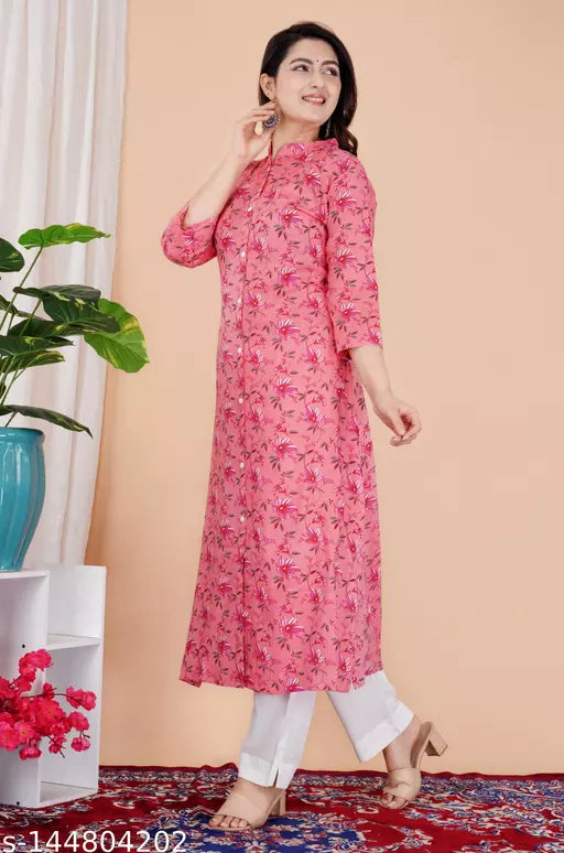 Stylish Rayon Printed Pink Anarkli kurtis For women