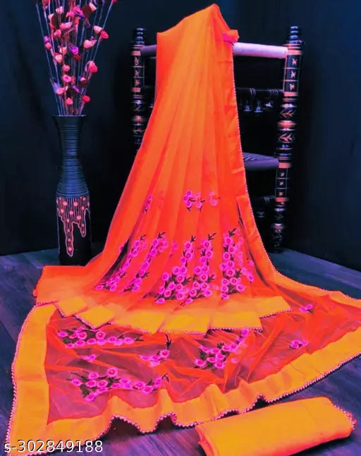 Net sarees with beautifull Embroidered work and unstiched Blouse pieces with all over border fancy moti work Orange Colours