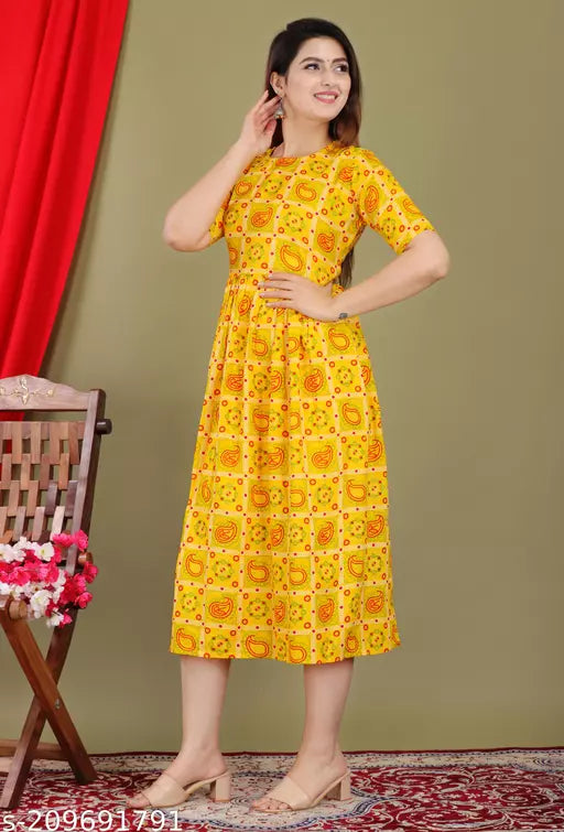 Shree Ganesh fashion's Rayon Anarkali Mahndi chunri Yellow Kurti for women