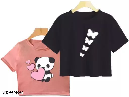 Trendy Feminine Printed Crop Tshirt Round Neck Top For Womens (Combo2)